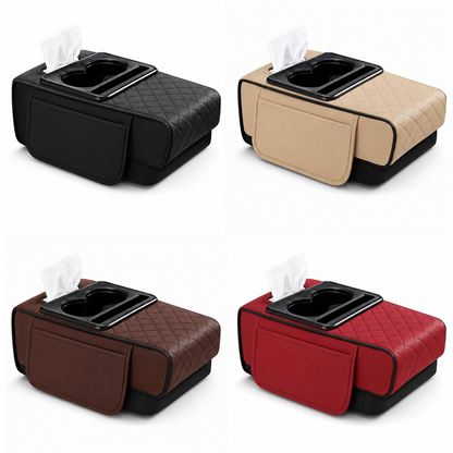 Organizador de Asiento para Auto con Portavasos y Pañuelos o Car Organizer 3 en 1 – Orden y Comodidad para tu Vehículo.